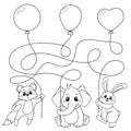 Animals flying with balloons. Puzzle. Maze game for kids. Find which animal holding which balloon. Black and white illustration fo